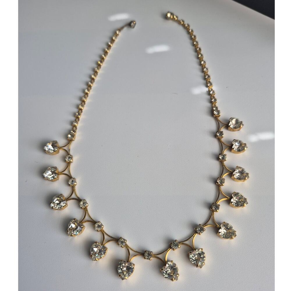 Vintage Kramer New York Heart Fringe Necklace Gold Tone Clear Rhinestone Choker